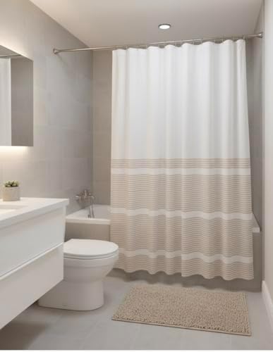 Serafina Home Tan Beige White Striped Cotton Bathroom Shower Curtain