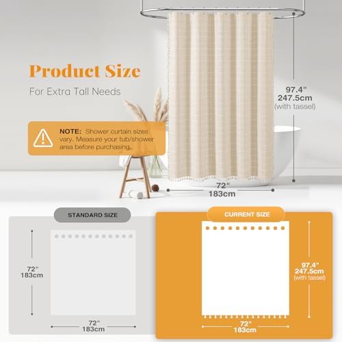 BTTN Extra Long Boho Farmhouse Linen Shower Curtain Set, 72x96, Cream/Beige