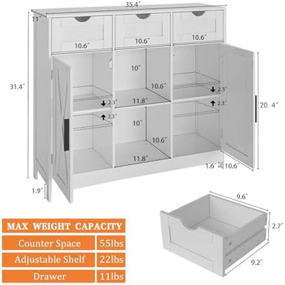 Viaozutis Storage Cabinet, Coffee Bar Cabinet with 2 Adjustable Shelves, 3 Drawers, and 2 Doors, for Bathroom, Kitchen, Living Room (White)