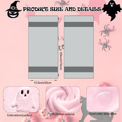 2 Pack Halloween Hand Towels 100% Cotton Jacquard Ghost Halloween Kitchen Towels White Bathroom Towels Set Seasonal Bathroom Decor (Pink Ghost, Halloween)
