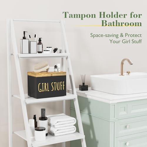 Wooden Tampon Holder, Matte Black, Hinged Lid Organizer