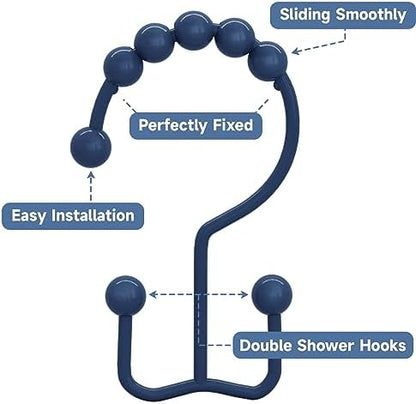 Titanker Shower Curtain Hooks Rings, Rust-Resistant Metal Double Glide Shower Hooks for Bathroom Shower Rods Curtains, Set of 12 Hooks - Navy Blue