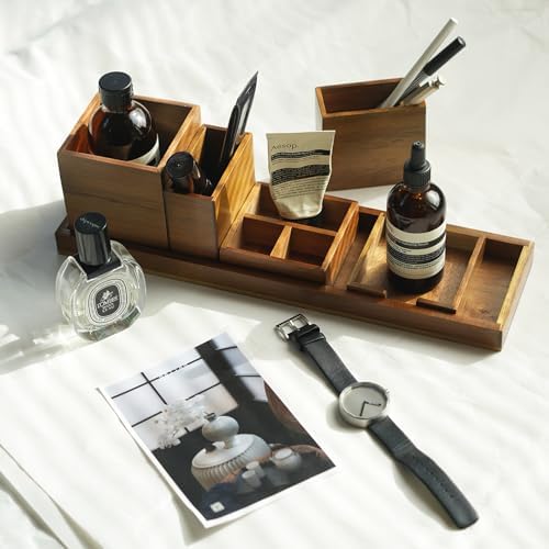 Wood Vanity Tray Set, 6-Piece Countertop Organizer for Small Items