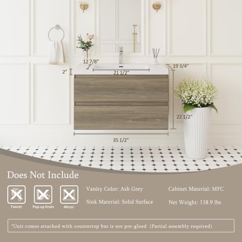 KEIKI 36'' Wall-Mounted Bathroom Vanity with Sink - Floating Design, 2 Soft-Close Drawers & Resin Basin, Space-Saving for Small Bathrooms, Ash Grey