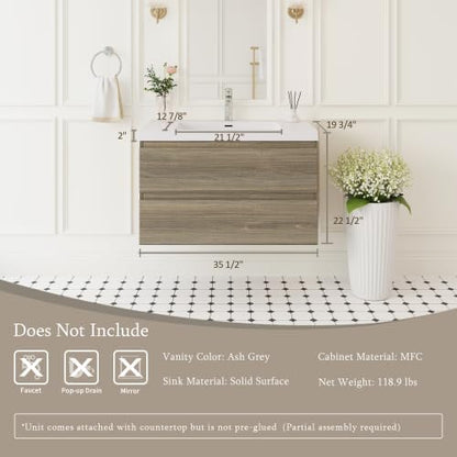 KEIKI 36'' Wall-Mounted Bathroom Vanity with Sink - Floating Design, 2 Soft-Close Drawers & Resin Basin, Space-Saving for Small Bathrooms, Ash Grey