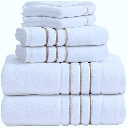 Bath Towels Set for Bathroom – Luxury 6-Piece Cotton Towels, Soft Absorbent & Quick Dry, 600 GSM Bath Towels for Bathroom, Hotel Spa Quality (White/Taupe, 6- Bath Towel Set)
