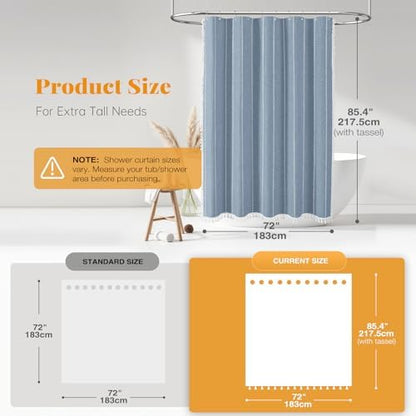 BTTN 72x84 Long Boho Farmhouse Linen Heavy Duty Cloth Shower Curtain, Blue