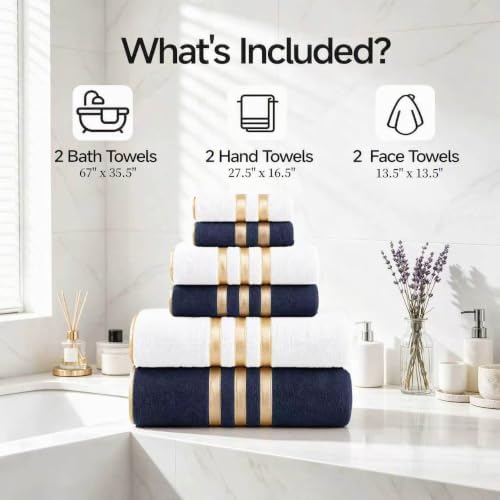 6-PCS Coral Fleece Microfiber Towel Set with Gold Stripes, Super Absorbent, Multiple Colors Available for Home, Bathroom, Hotel & Gym (6, White+Dark Grey)