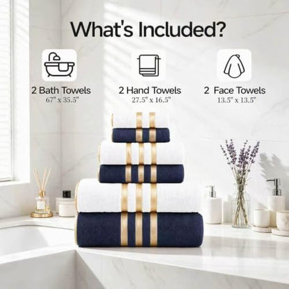6-PCS Coral Fleece Microfiber Towel Set with Gold Stripes, Super Absorbent, Multiple Colors Available for Home, Bathroom, Hotel & Gym (6, White+Dark Grey)