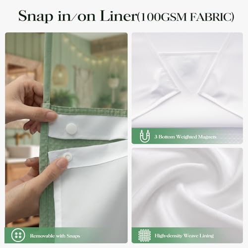 Dynamene Sage Green Hook Free Waffle Shower Curtain & Snap-in Liner,84x75