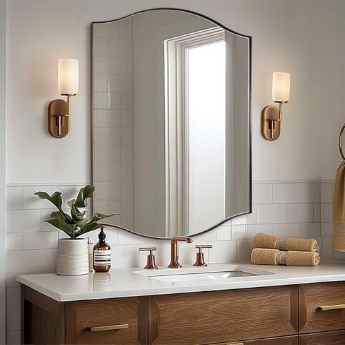 ANDY STAR 30"x40" Bronze Bathroom Mirror, Rectangle Scalloped Wall Mirror in Stainless Steel Metal Frame, Modern Brushed Bronze Finish with Curved Edge Design, Wall-Mount Mirror for Bathroom, Entryway