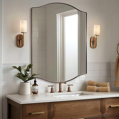 ANDY STAR 30"x40" Bronze Bathroom Mirror, Rectangle Scalloped Wall Mirror in Stainless Steel Metal Frame, Modern Brushed Bronze Finish with Curved Edge Design, Wall-Mount Mirror for Bathroom, Entryway