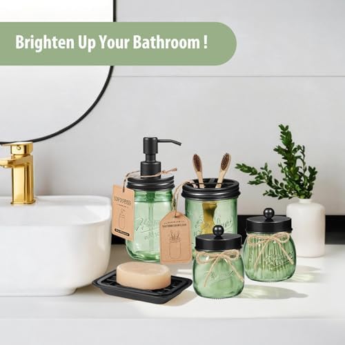 SheeChung Mason Jar Bathroom Accessories Set, 6Pcs Green Glass Bathroom Set