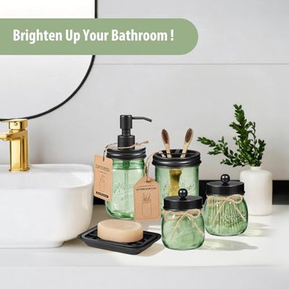 SheeChung Mason Jar Bathroom Accessories Set, 6Pcs Green Glass Bathroom Set
