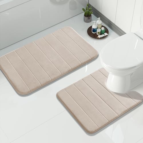 Yimobra Memory Foam Bathroom Mat Set, 31.5 x 20 & 24 x 20 in, Beige