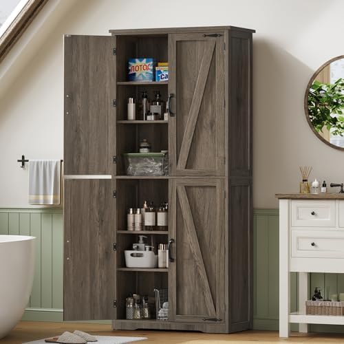 Tall Pantry Cabinet with 4 Doors & 2 Adjustable Shelves, Kitchen Cabinet