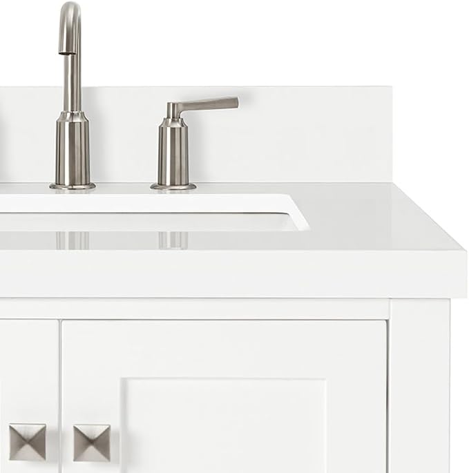 ARIEL Cambridge 36-inch Bathroom Vanity with Sink,Solid Wood, 1.5-inch Pure White Quartz Countertop & Backsplash, Single Rectangular Porcelain Sink, 2 Soft Closing Doors, 5 Dovetail Drawers, White