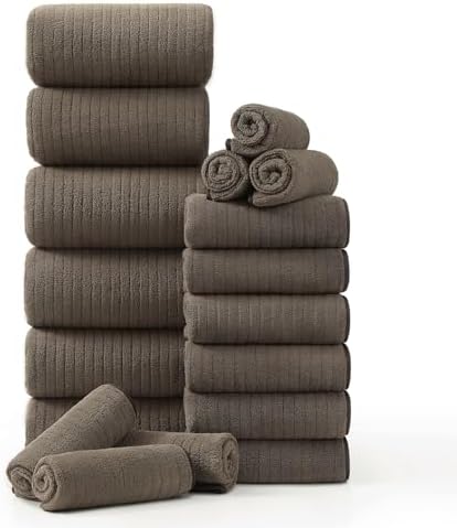 18 Piece Family Bath Towel Set Include 6 Bath Towels,6 Hand Towels and 6 Washcloths Soft Bathroom Towel with Hanging Loops,Highly Absorbent Quick Dry Towels Set for Bathroom,Hotel and Spa-Brown