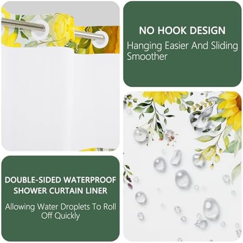 No Hook Sunflower Shower Curtain with Snap in Liner 71x74 Inch