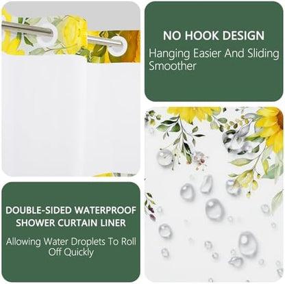 No Hook Sunflower Shower Curtain with Snap in Liner 71x74 Inch
