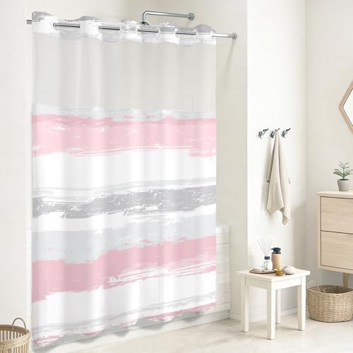 No Hook Shower Curtain with Liner, Pink Stripe, 71x74 Inch