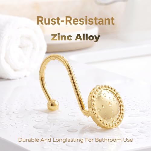 Shower Curtain Hooks,Rust-Resistant Decorative Rings,12-Pack,Gold