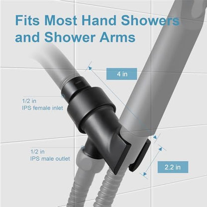 OFFO Shower Head Holder for Handheld Shower Head, Adjustable Shower Arm Mount for Connecting Shower Arm and Shower Hose, 1/2 Inch IPS Female Inlet and Male Outlet, Matte Black Finish