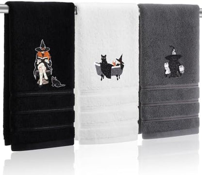 FuWeave 3 Pcs Black White Halloween Witch Hand Towels for Bathroom