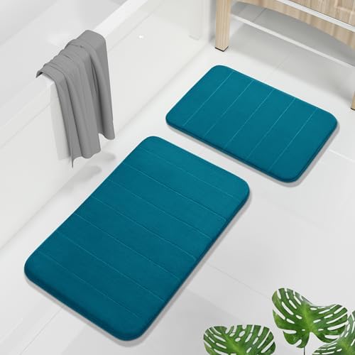 Yimobra Memory Foam Bathroom Mat Set, 31.5 x 20 & 24 x 17 in, Peacock Blue