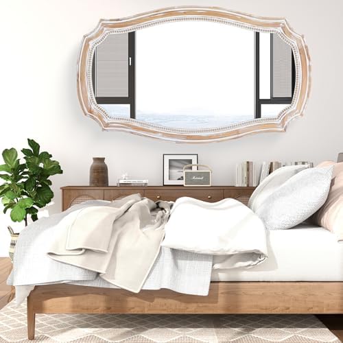36x24 Inch Rustic Scalloped Wall Mirror, Distressed Wooden Beaded Mirrors