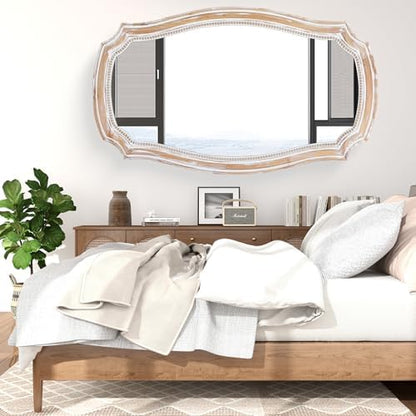 36x24 Inch Rustic Scalloped Wall Mirror, Distressed Wooden Beaded Mirrors