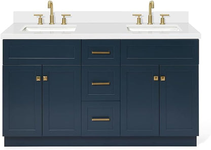 ARIEL Hamlet 60-inch Bathroom Vanity with Sink,Solid Wood, 1.5-inch Pure White Quartz Countertop, Double Rectangular Porcelain Sink, 4 Soft Closing Doors, 3 Dovetail Drawers, Midnight Blue