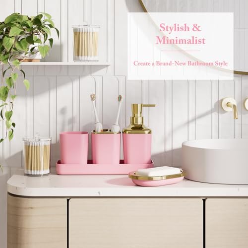 XLHOMO Bathroom Accessory Set - 24PCS Luxury Bathroom Accessories Set, Bathroom Sets with Shower Curtain and Rugs, Pink Bathroom Set with Trash Can, Toothbrush Holder & Soap Dispenser for Home Decor