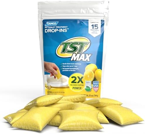 Camco TST MAX RV Toilet Treatment Drop-INs - Control Unwanted Odors & Break Down Waste and Tissue - Safe Septic Tank Treatment - Lemon Scent, 15-Pack (41570)