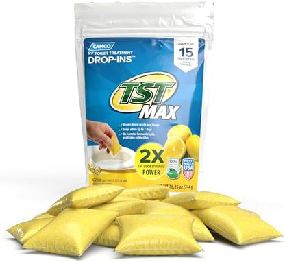Camco TST MAX RV Toilet Treatment Drop-INs - Control Unwanted Odors & Break Down Waste and Tissue - Safe Septic Tank Treatment - Lemon Scent, 15-Pack (41570)