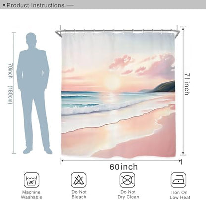 Miyotaa Pink Coastal Beach Shower Curtain Set 60Wx71H Inches Ocean Summer Landscape Scenery Waves Sunset Waterproof Bathroom Curtain with 12 Hooks