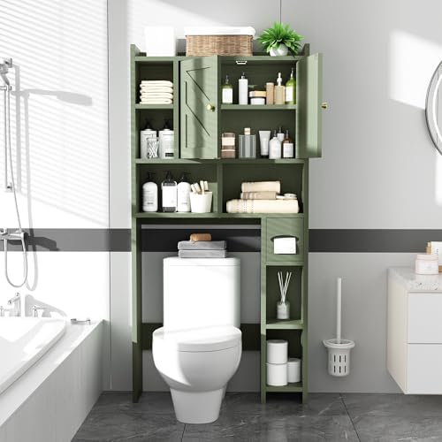 Over The Toilet Storage Cabinet, 64.6" Tall Bathroom Organizer Space Saver with Toilet Paper Holder & Adjustable Shelf, Freestanding Wood Cabinet for Small Space, Green