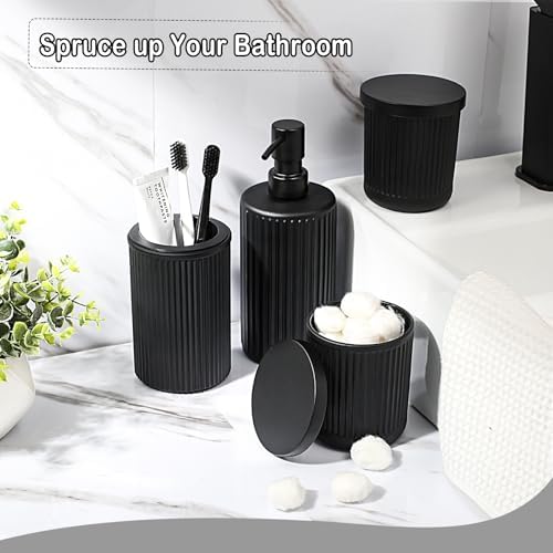 KASUNTING Matte Black Bathroom Accessories Set, 4 Pcs Glass Bathroom Accessory Set, Soap Dispenser, Toothbrush Holder, Qtip Holder Set, Bathroom Sets Complete, Bathroom Sink Set for Modern Home Decor