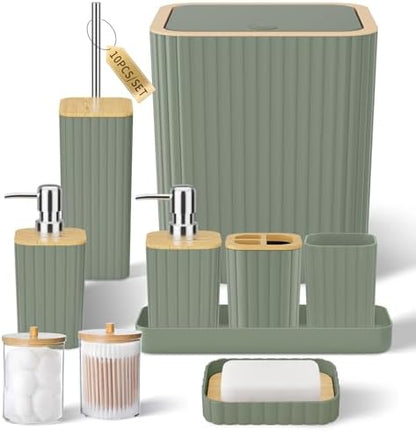 XLHOMO Bathroom Accessories Set - Elegant Sage Green Bathroom Set, 10PC Bathroom Accessory Set, Toilet Brush, Trash Can, Qtip Holder Dispenser & Soap Dispenser