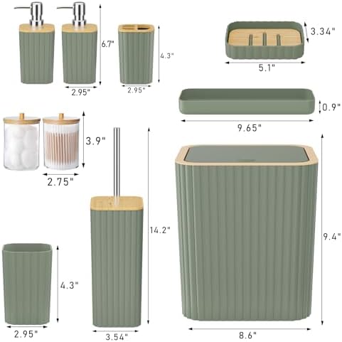 XLHOMO Bathroom Accessories Set - Elegant Sage Green Bathroom Set, 10PC Bathroom Accessory Set, Toilet Brush, Trash Can, Qtip Holder Dispenser & Soap Dispenser