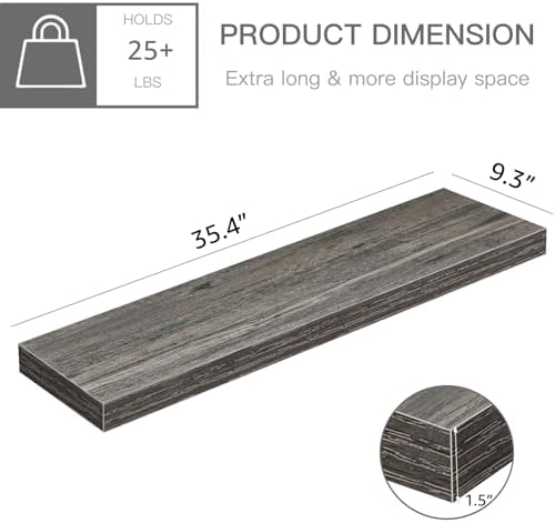 QEEIG Floating Shelves for Wall 35.4" Long - Wall Mounted Shelf Bathroom Kitchen Living Room Bedroom Farmhouse Home Decor Display Bookshelf Large 35.4 x 9.3 inch Set of 2, Grey (008-90GY)