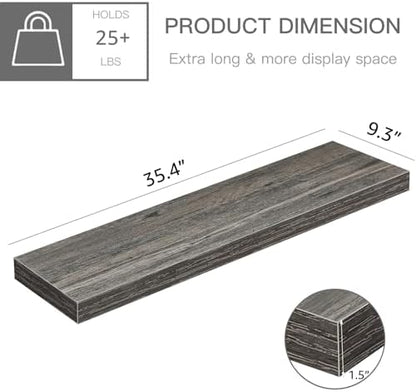 QEEIG Floating Shelves for Wall 35.4" Long - Wall Mounted Shelf Bathroom Kitchen Living Room Bedroom Farmhouse Home Decor Display Bookshelf Large 35.4 x 9.3 inch Set of 2, Grey (008-90GY)