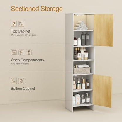 Bathroom Storage Cabinet, Tall Narrow Storage Cabinet with USB Light, White