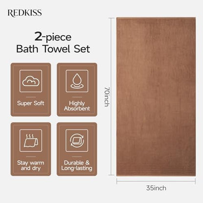 REDKISS 2 Pack Extra Large 35x70 Inch Cotton Bath Towels, Brown
