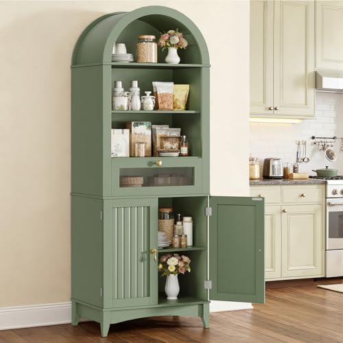 RALGEND 66" Tall Bathroom Storage Cabinet with Flip Drawer, Freestanding Storage Cabinet with Doors & Shelves,Arched Cabinets for Bathroom, Living Room, Kitchen, Laundry, Green