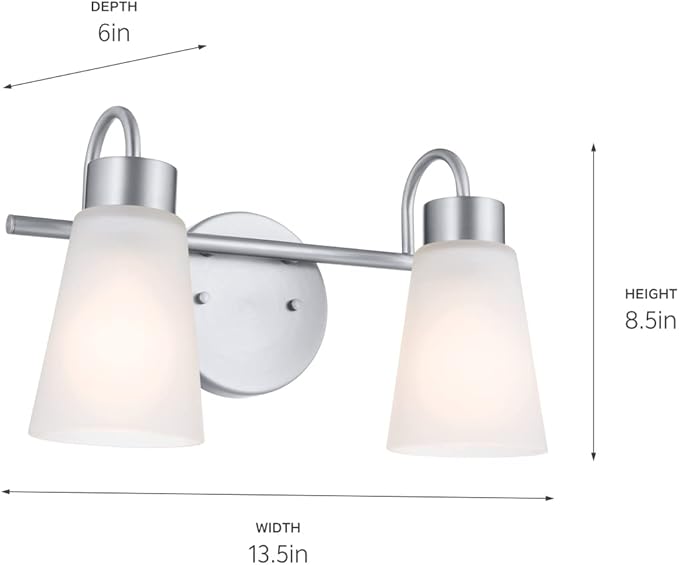 Kichler Erma 2-Light Bathroom Vanity Light Fixture with Clear Satin Etched Glass, Updated Traditional Wall Light in Brushed Nickel, (13.5" x 8.5")