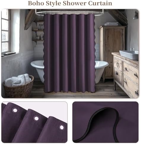 BTTN Purple Boho Scalloped Linen Textured Cloth Shower Curtain Set, 72x72