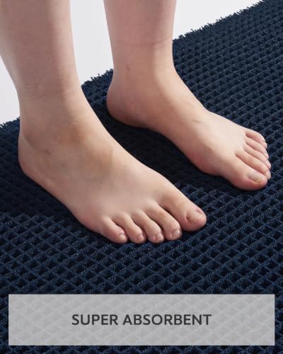 tchdio Waffle Bath Mat Rug, Super Absorbent Non Slip Bath Mats Ultra Soft Bathmat Machine Washable Bathroom Rugs with Tassels, Bath Rugs for Bathroom Floor Beside Tub, 20" x 32", Navy Blue
