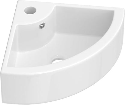 18x13 Wall Mounted Corner Bathroom Sink | Ceramic, Fan-Shaped, Curved Bottom, Easy to Clean, with Overflow, Ideal for Bathroom, Lavatory, Vanity