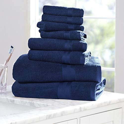 BOUTIQUO Navy Blue Towel Set - 8 Piece Bathroom Towel Set - 100% Ring Spun Cotton, 2 Bath Towel 27x54, 2 Hand Towel 16x28, 4 Washcloth 13x13 - Ultra Soft Highly Absorbent
